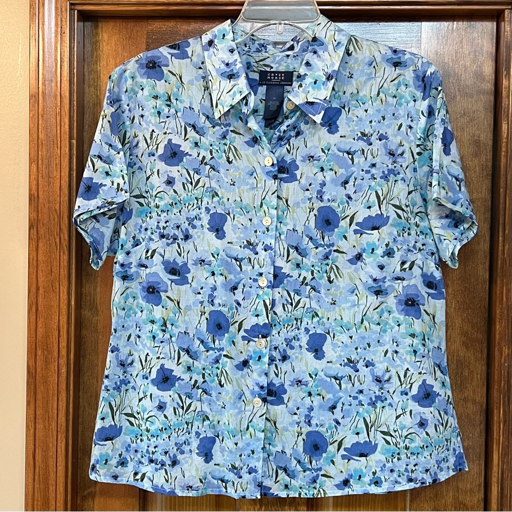 Floral‎ Button Front Blouse SS Liz Claiborne Crazy Horse Sz 14 EUC